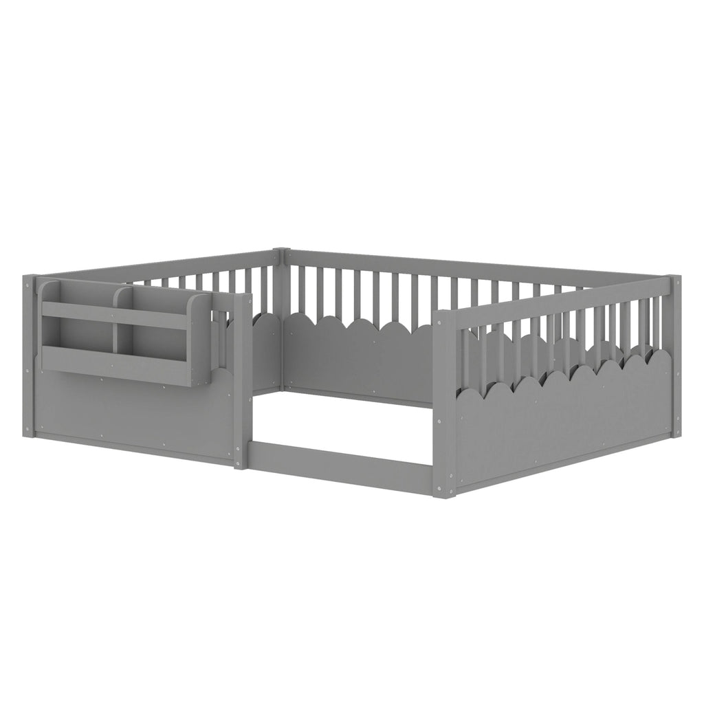 Full Floor bed with Heightened Fence and bookshelf ,Wood Floor Bed for Kids,Gray.