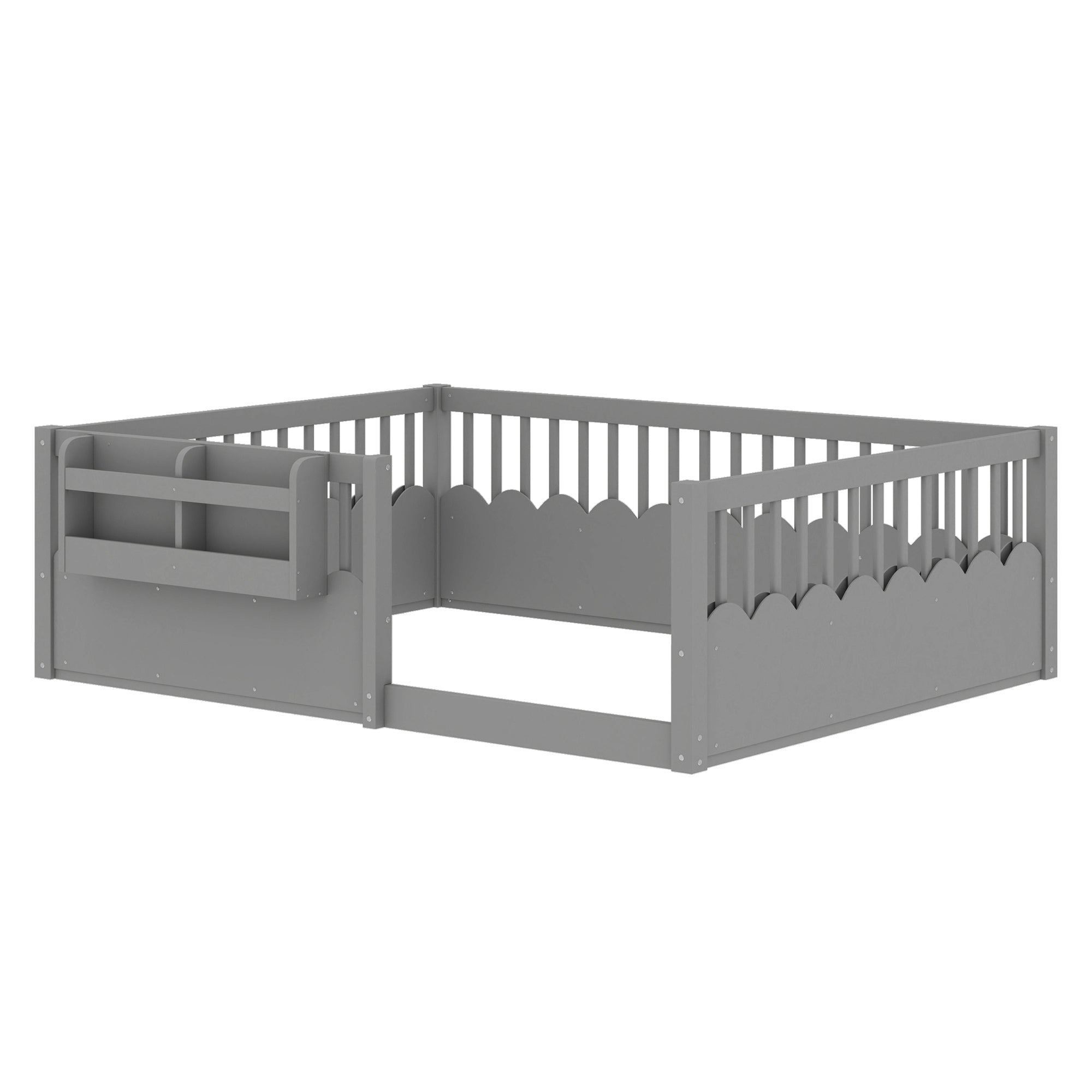 Full Floor bed with Heightened Fence and bookshelf ,Wood Floor Bed for Kids,Gray.
