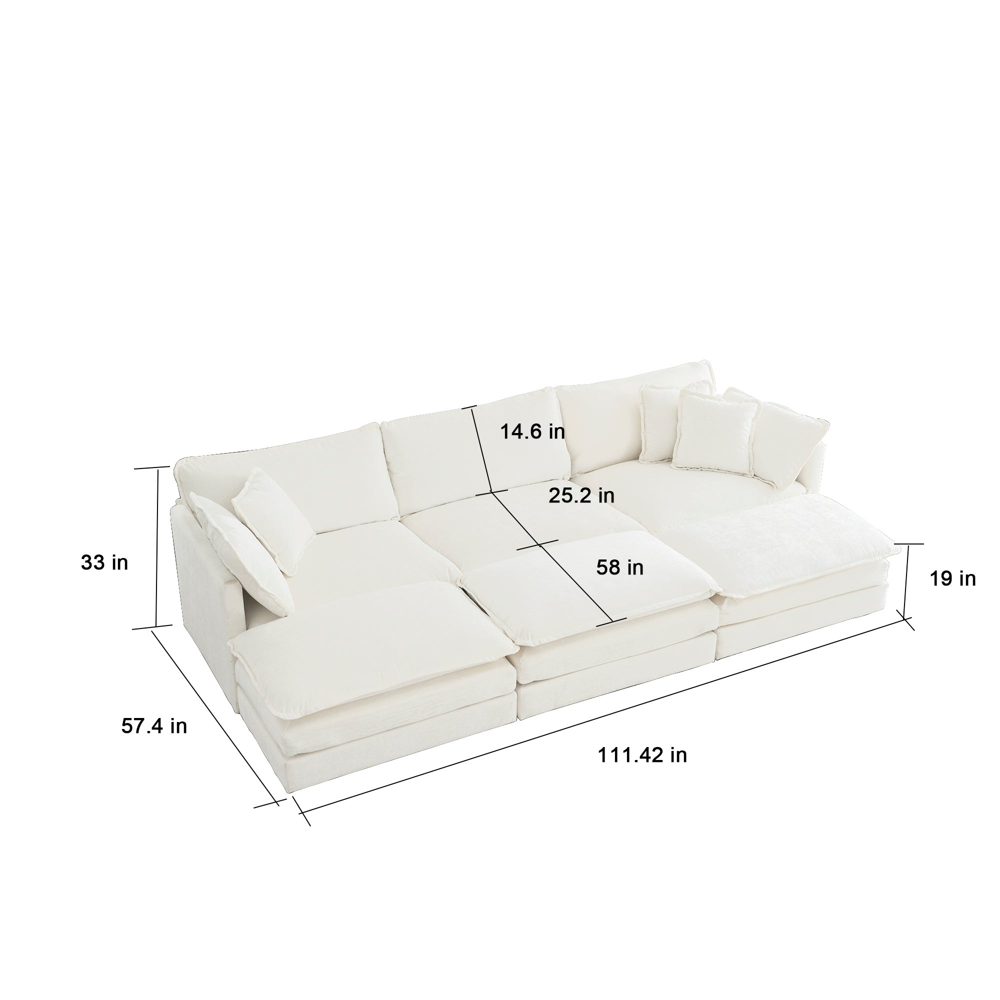 Comfortable Deep Seat Reversible Modular 6 Seater Sectional Super Soft Sofa U Shaped Sectional Couch with 3 Ottomans, 3 Toss Pillows and 2 Arm Pillows