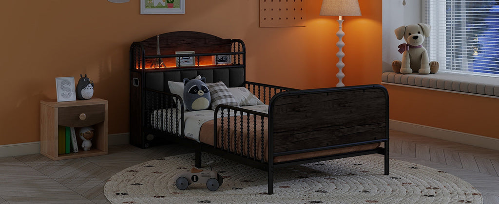 Twin Size Metal Platform Bed Frame with Light, Kids Twin Metal Bed with Upholstered and Pull Out Storage Shelves, Black (Expect Arrival Date 2025/10/5)