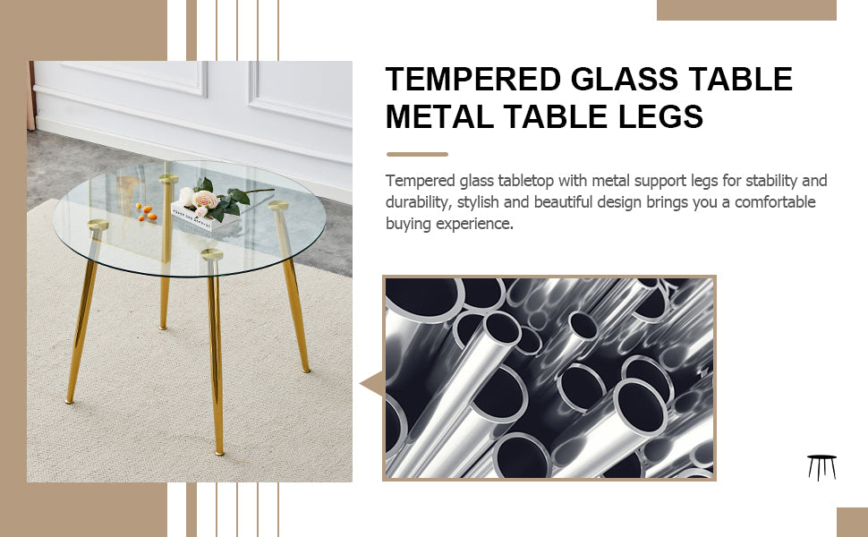 A glass tabletop with a diameter of 40 inches and a modern minimalist circular dining table with gold plated metal legs. 40 '* 40' * 30 ' DT-1164.W1151S00375