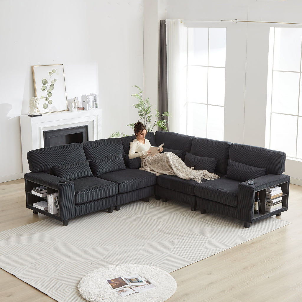 102.75*102.75' L-Shaped Modular Sectional Sofa, Modern Corduroy Sectional Sofa, Arm with Storage With Cup Holder 5-Seat Convertible Sectional Sofa for Living Room, Bedroom, Lounge and Projection Room