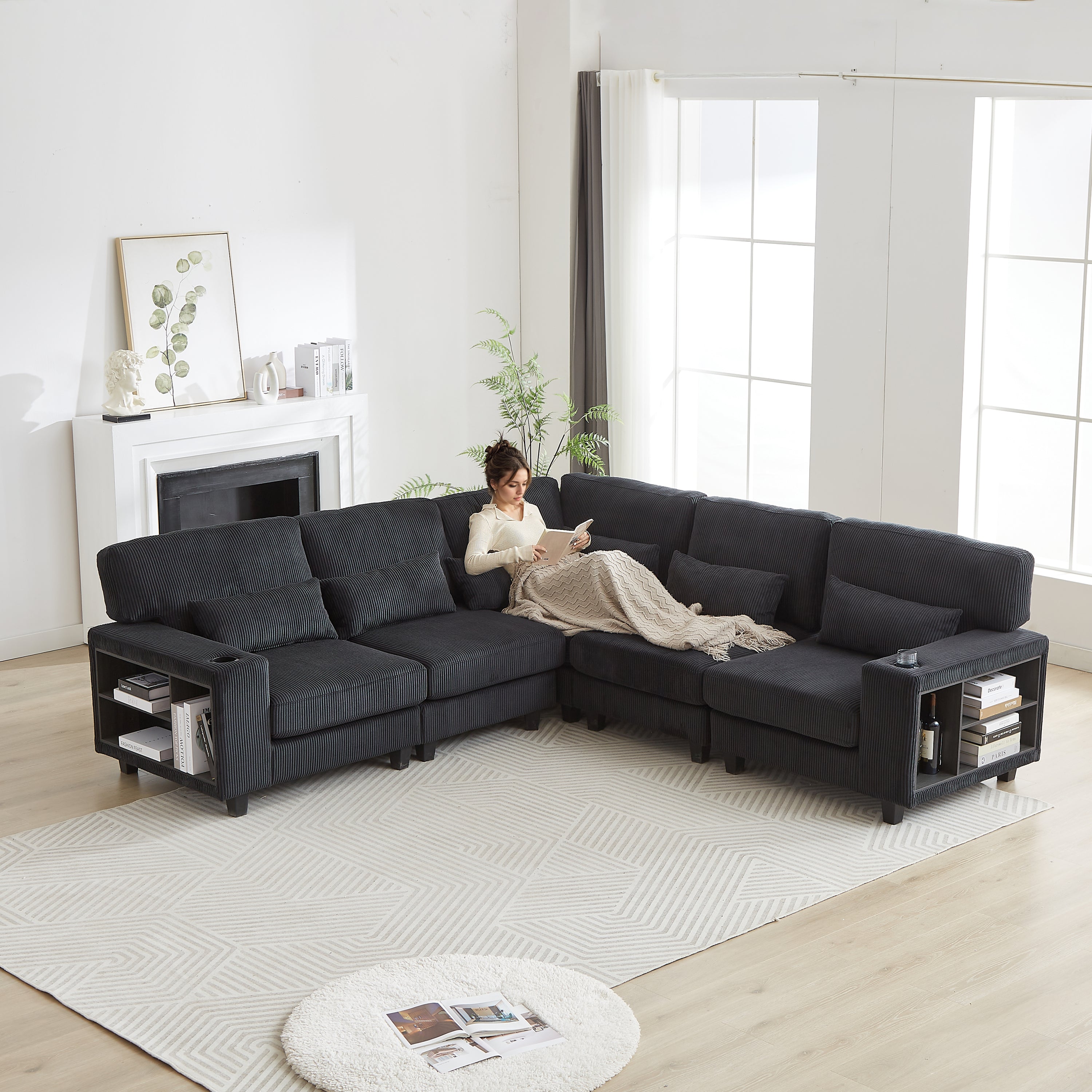 102.75*102.75' L-Shaped Modular Sectional Sofa, Modern Corduroy Sectional Sofa, Arm with Storage With Cup Holder 5-Seat Convertible Sectional Sofa for Living Room, Bedroom, Lounge and Projection Room