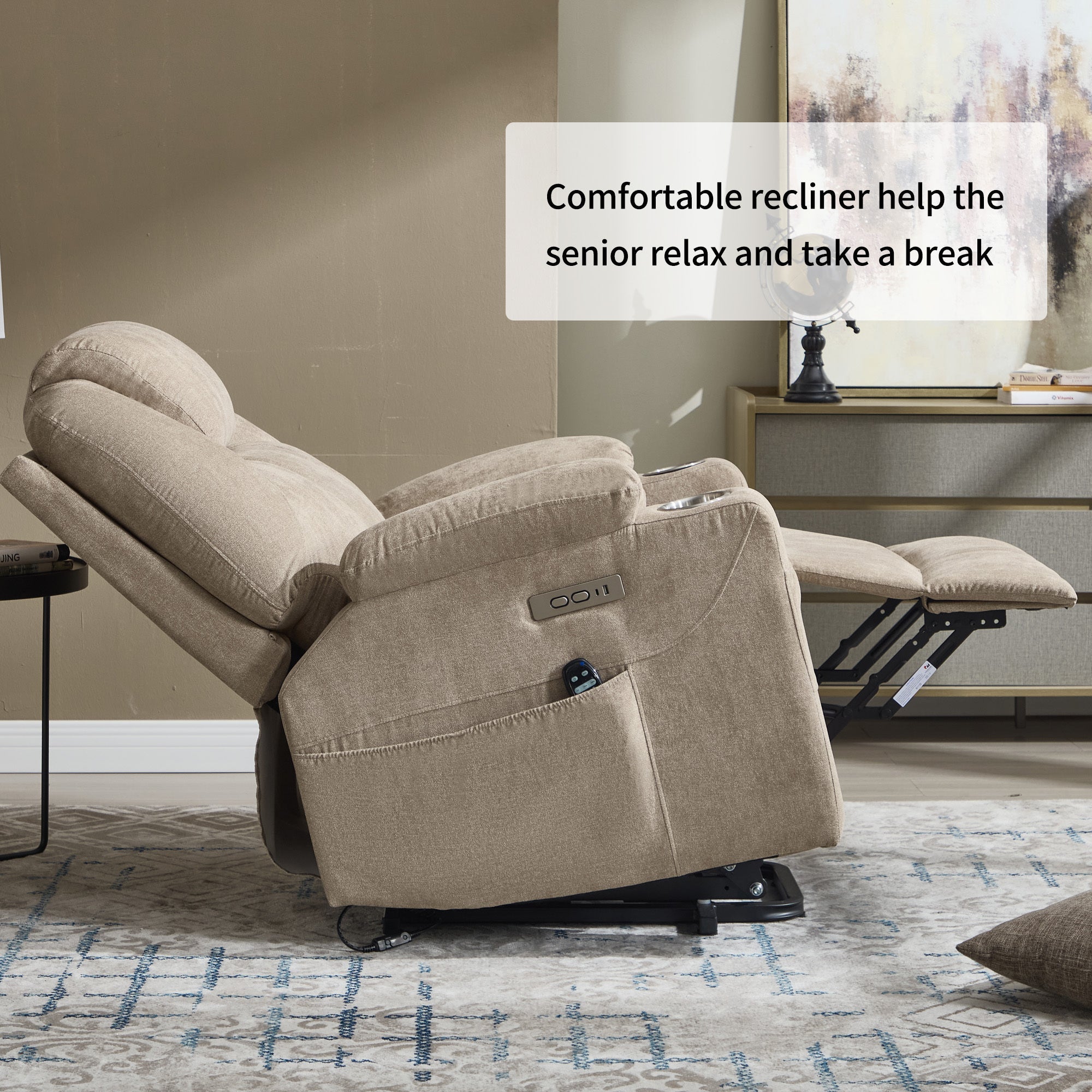 Up to 350 LBS polyester Power Lift Recliner Chair, Heavy Duty Motion Mechanism with 8-Point Vibration Massage and Lumbar Heating, USB and Type-C Ports, Stainless Steel Cup Holders, Khaki