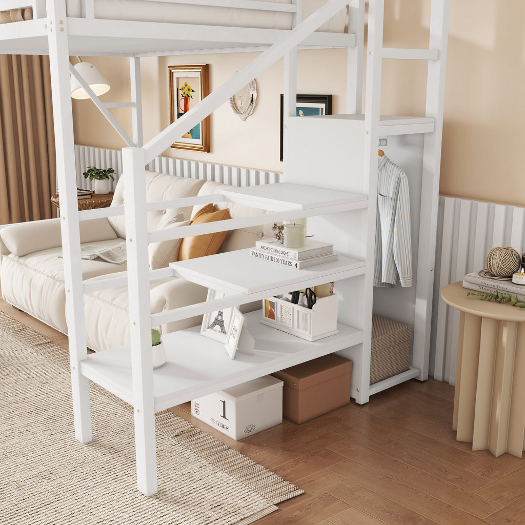 Twin Size Loft Bed with Stairs, Metal Full Loft Bed with Storage Shelves, High Loft Bed with Wardrobe for Kids Teens,White(Expect Arrival Date 2025/9/22)