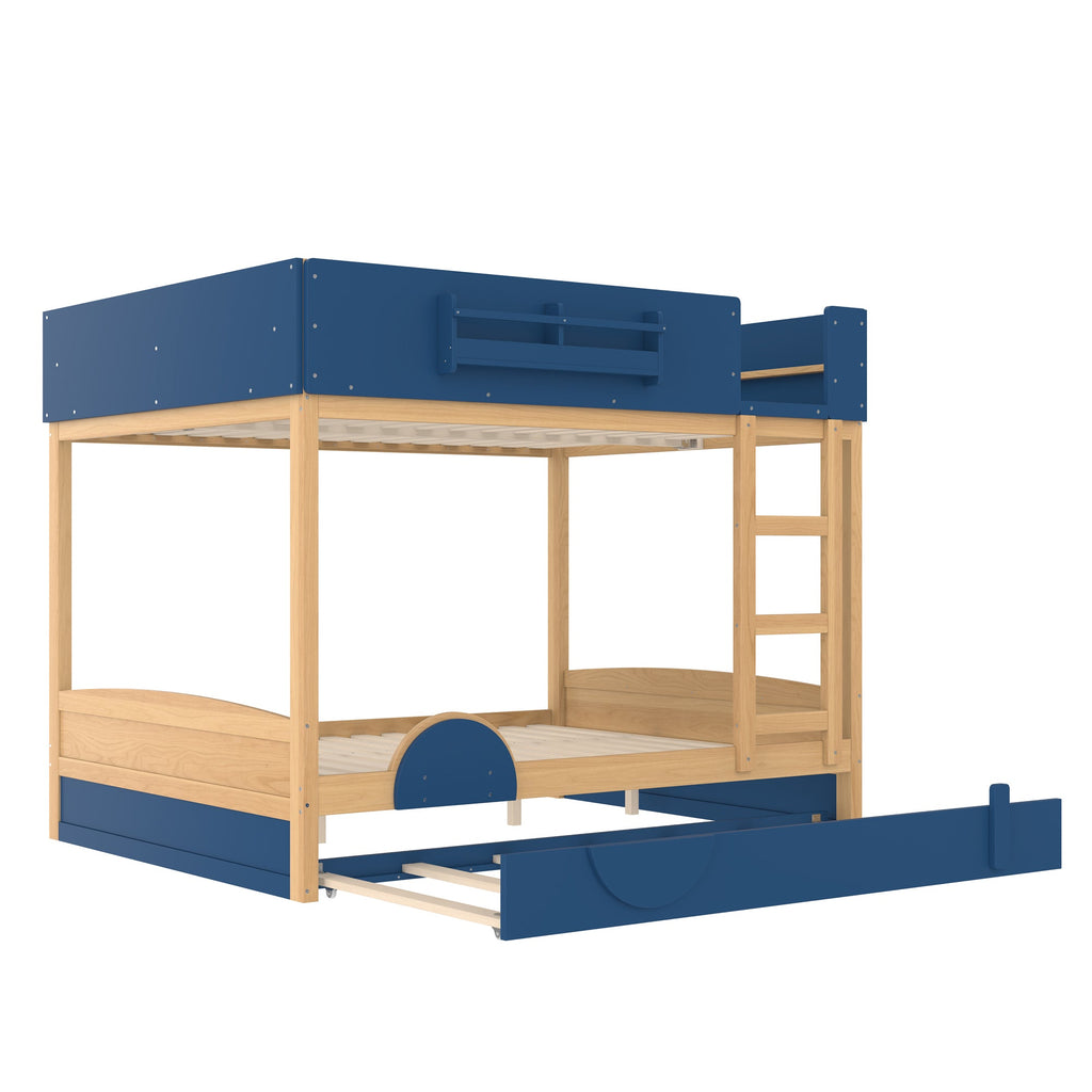 Queen Bunk Bed with Trundle , Wood Bunk Bed Frame with Built-in Bookshelf and High-quality Safety Guardrail,Automobile Form Design for Kids ,Blue＆Natural