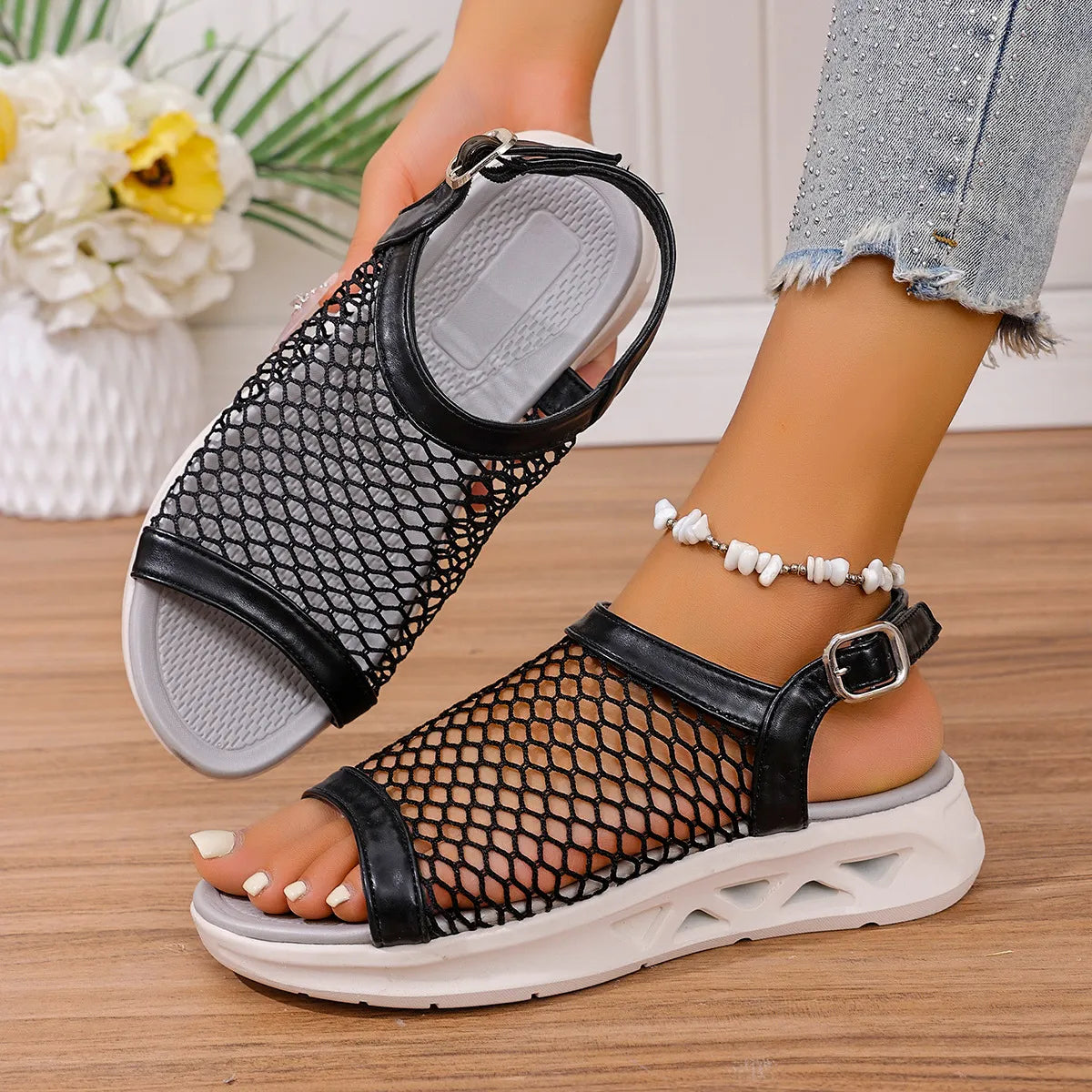 Woven Mesh Comfort Platform Sandals