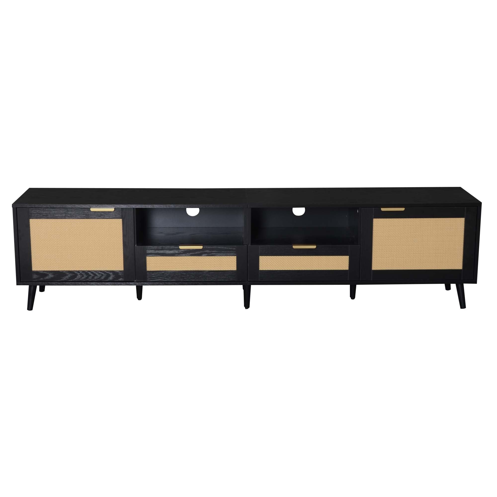 Rattan TV Stand for TVs up to 85'', Modern Farmhouse Media Console, Entertainment Center with Solid Wood Legs, TV Cabinet for Living Room,Home Theatre