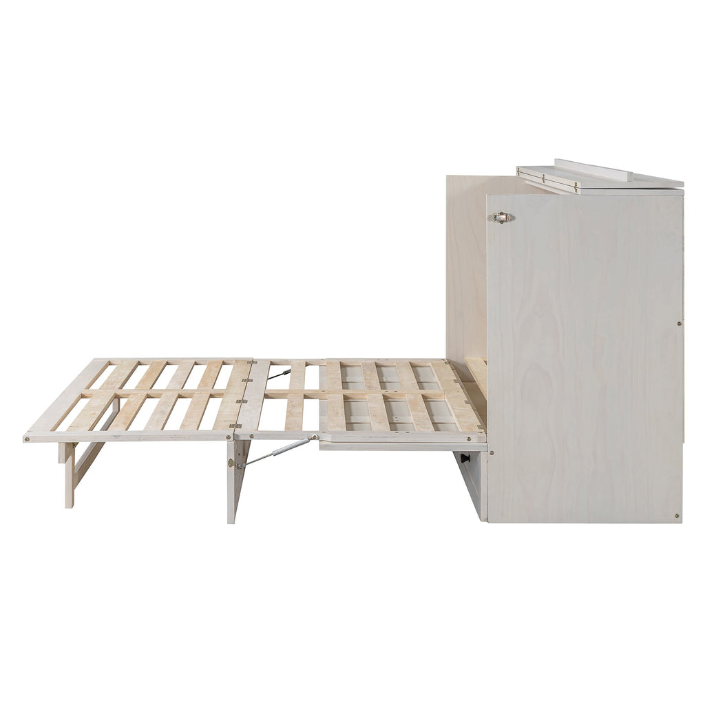 Queen Size Murphy Bed with Large Drawers & USB Ports,Brushed White