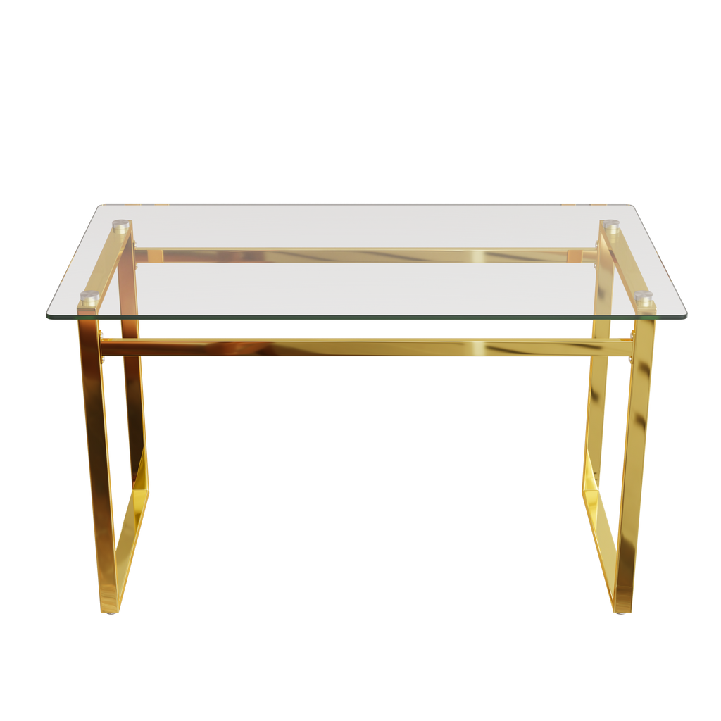 Modern Minimalist Rectangular Glass Dining Table with Tempered Glass Tabletop and Golden Chrome Metal Legs for 4-6