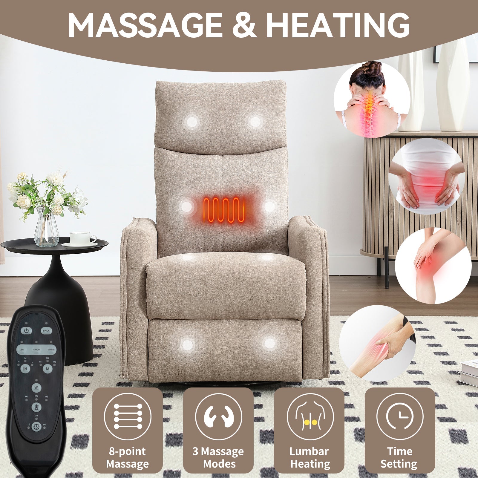 Heat Massage Manual Recliner Chair with Rocker and Swivel in Fabric for Living Room, Khaki