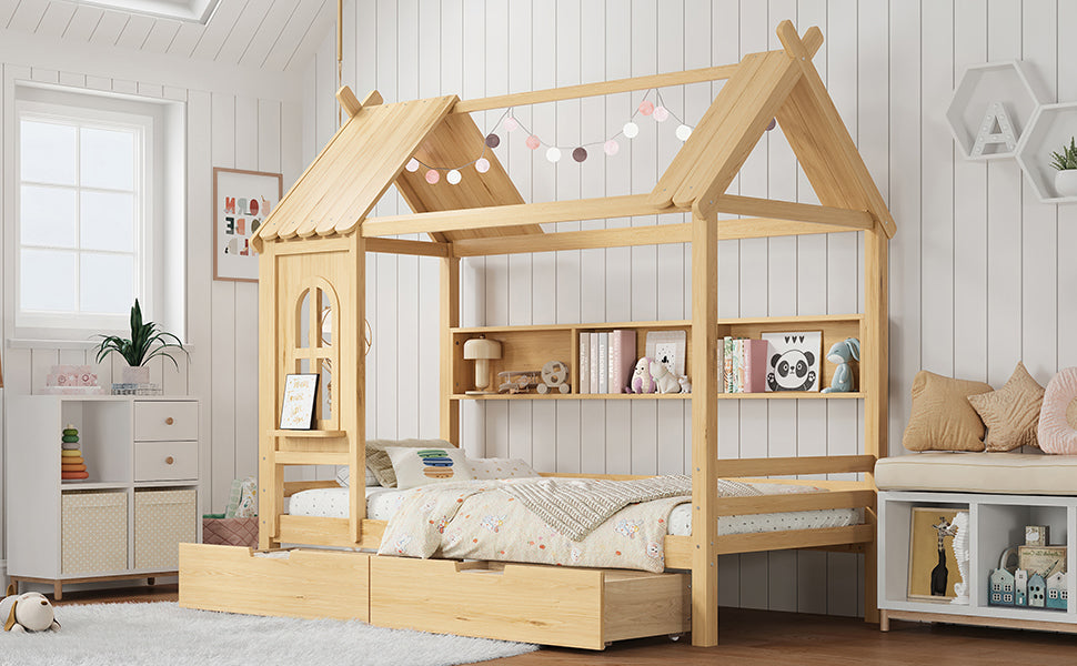 Twin house Beds with Storage Drawers and Window, Solid Wood House Platform Bed Frame with shelves, for Kids, Girls, Boys, No Spring Box Needed and Childlike Design, Natural