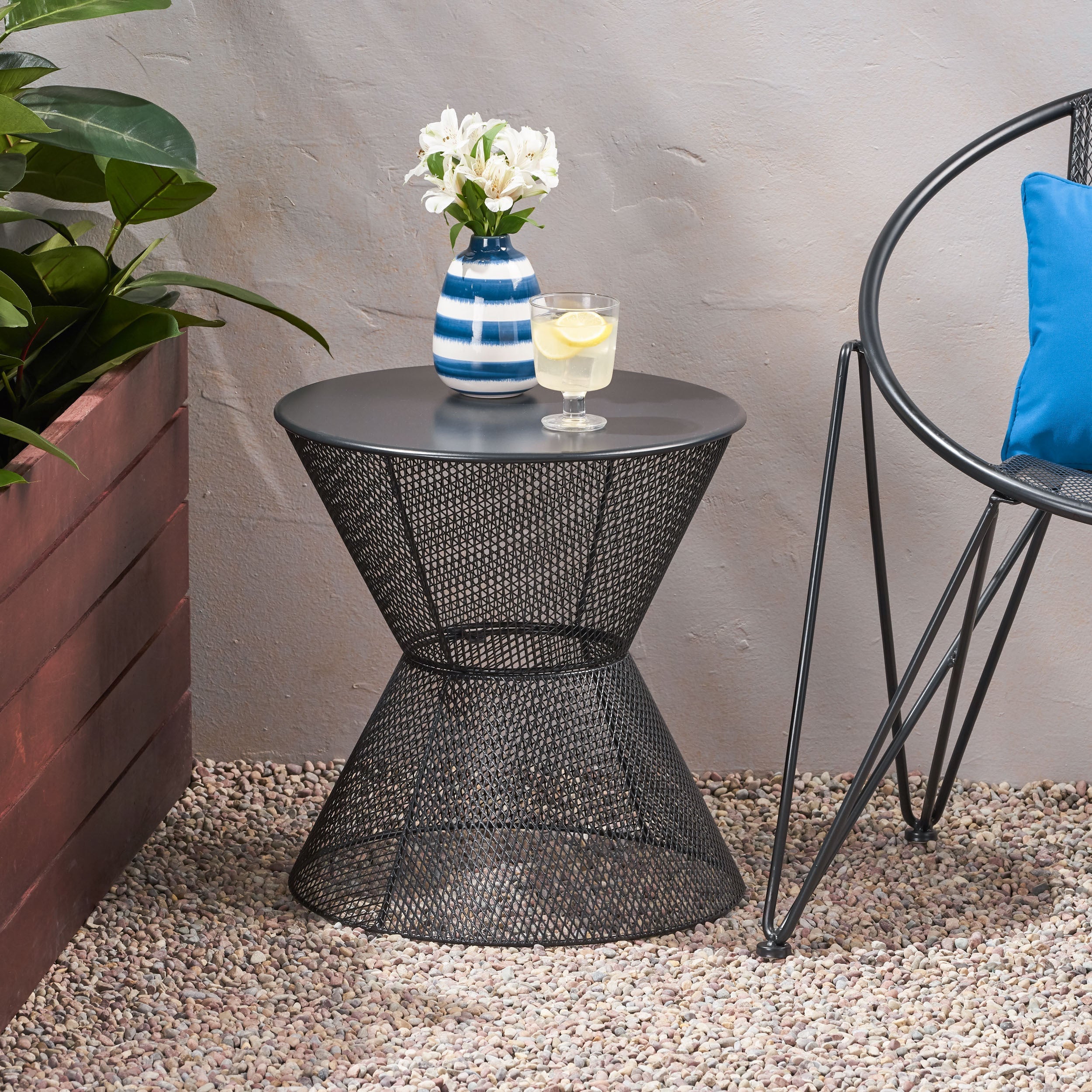 NEVADA Outdoor Side Table with Breezy Mesh Look in Matte Black Iron, 17.75 x 17.75 x 18.25 inches