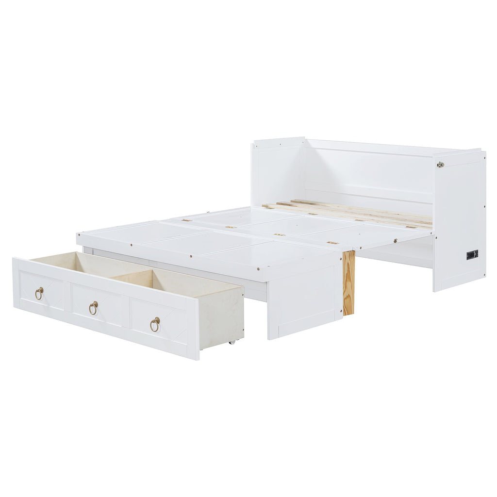 Full Size Murphy Bed with USB Port and a Large Drawer, White