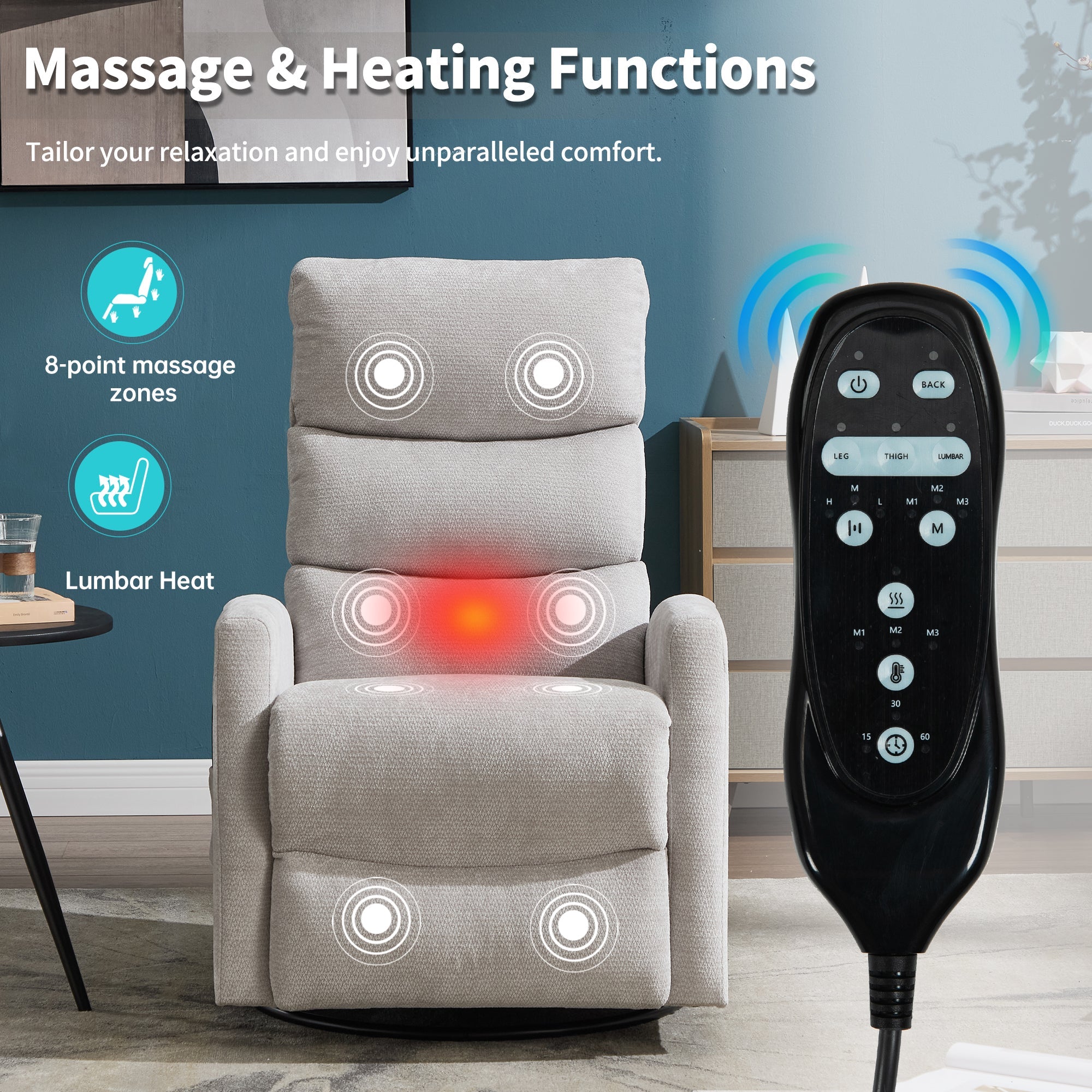 Heat Massage Manual Recliner Chair with Rocker and Swivel in Fabric for Living Room,Grey