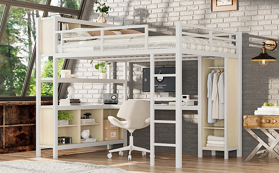Metal Loft Bed with Wardrobe And L-shaped Desk, Queen Size Loft Bed with Storage Cubes and Shelves, Heavy Duty Loft Bed for Kids Teens Adults, White Wood-grain