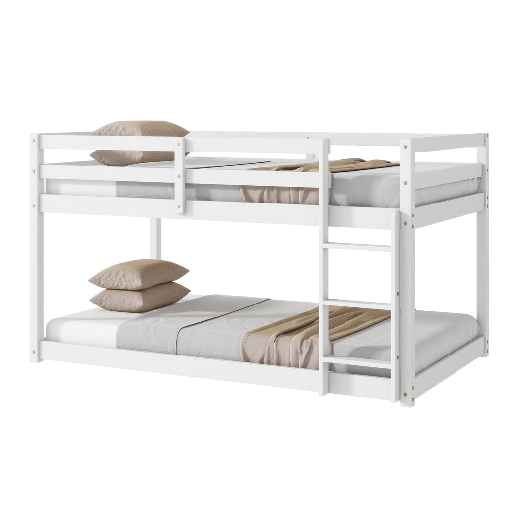 Solid Wooden, Solid Rubber Wooden Twin over Twin Floor Bunk Bed with Ladder, with Bed Platform of Strengthened Slats,White