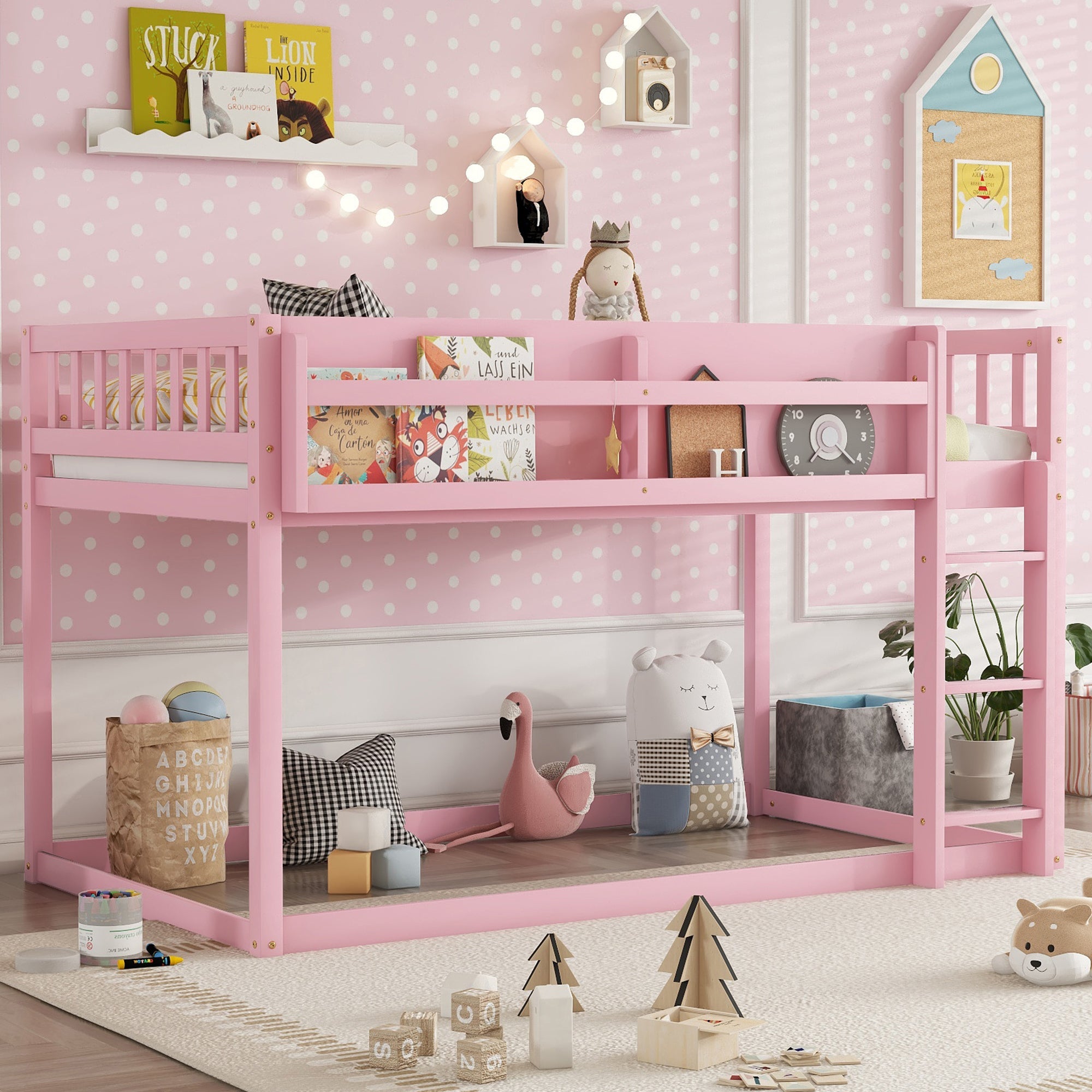 Low Twin Over Twin Bunk Bed, Floor Bunk Bed with Ladder, Solid Wood Twin Bunk Bed for Kids & Juniors, Pink(Expect Arrival Date 2025/11/25)