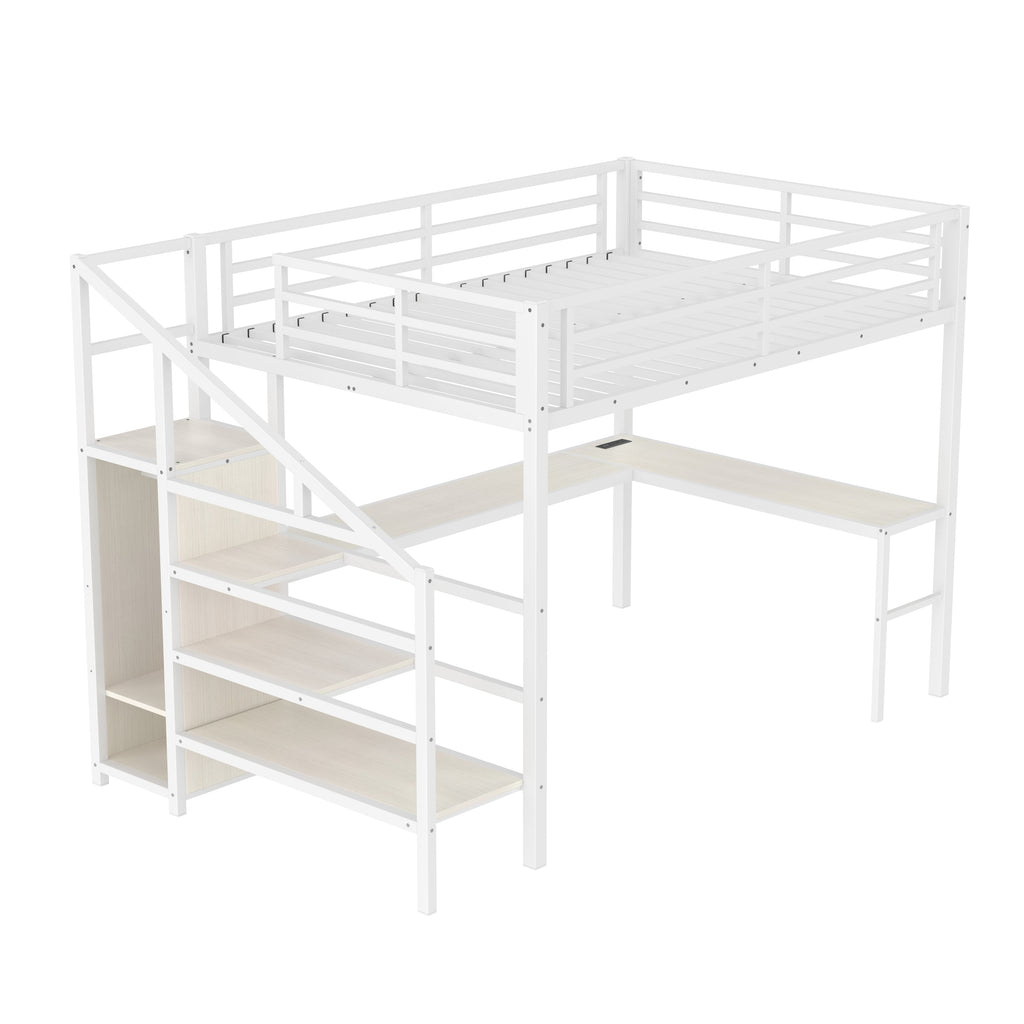 Queen Size Loft Bed with L-shaped Desk and USB, Metal Loft Bed with Wardrobe and Adjustable Shelf, High Loft Bed with LED for Kids Teens Adults, White Wood-grain