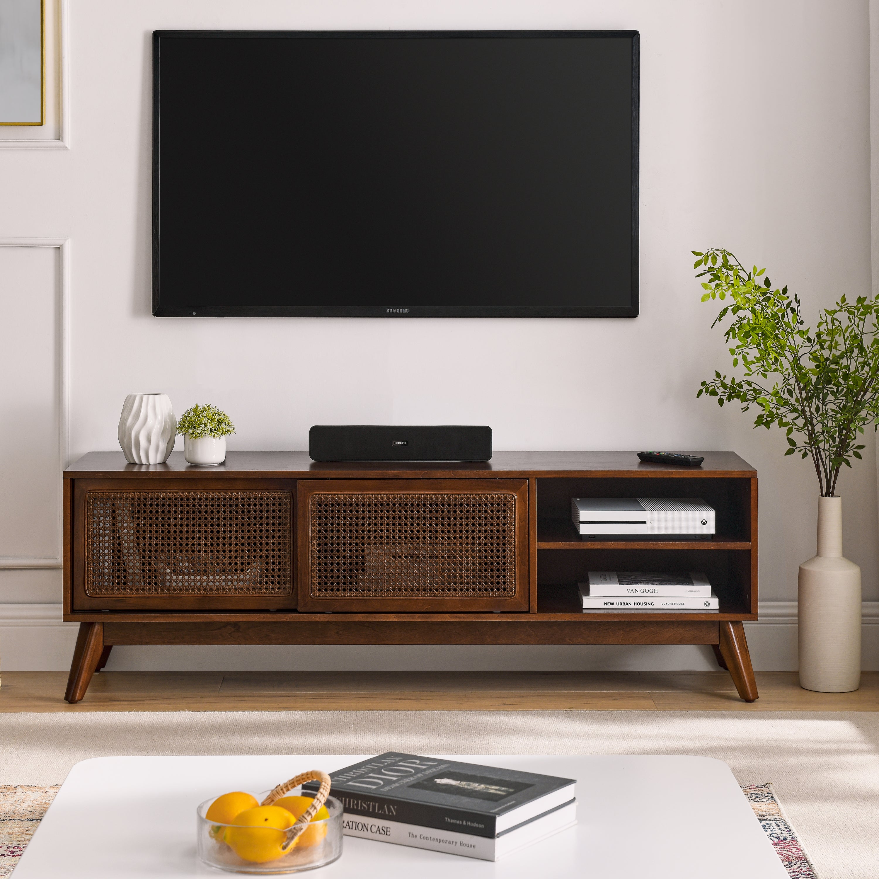 59 Inch Mid Century Modern Rattan TV Stand for 65 Inch TV, Entertainment Cabinet, Media Console for Living Room Bedroom Media Room, Solid Wood Feet & Rattan Cabinet Doors - Dark Wood