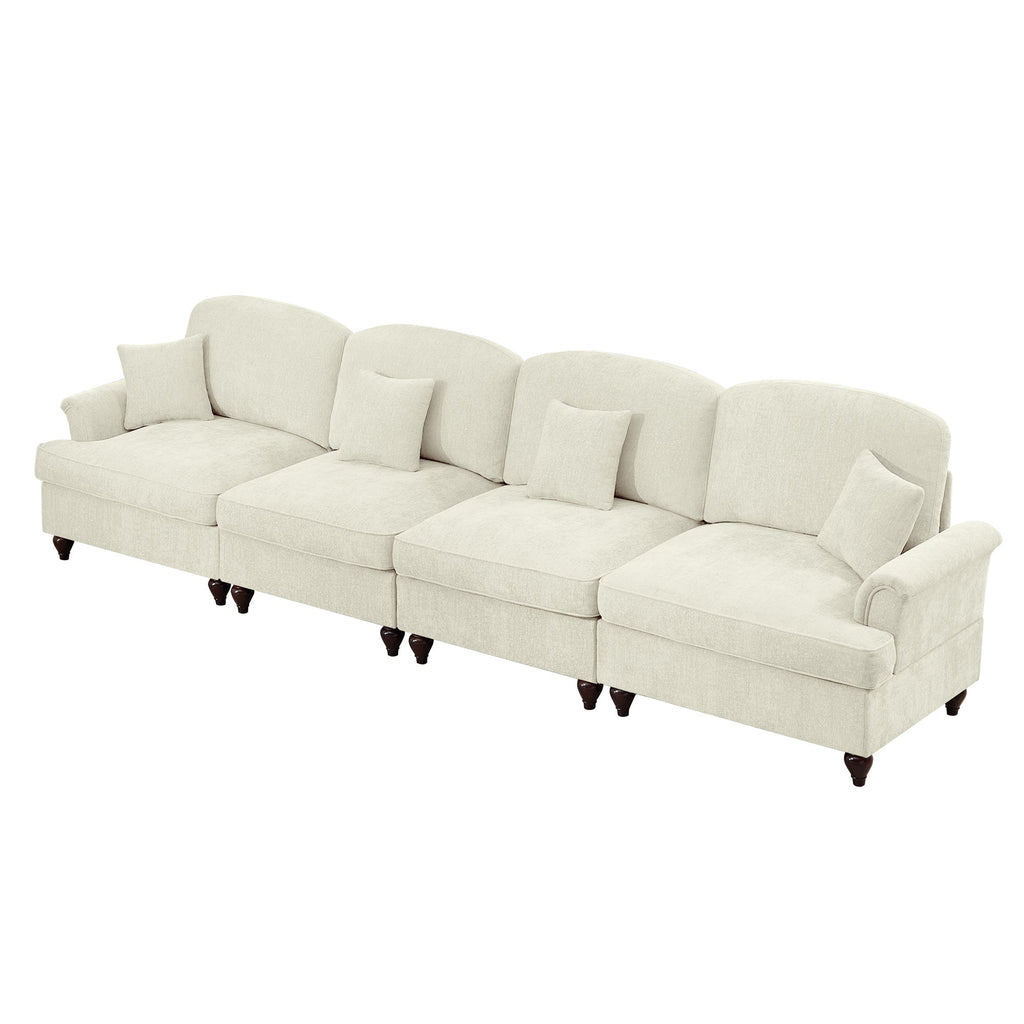 Elegant Mid Century Large 4 Seater Sofa Couch with Flared Arms and Removable Ruffles Pleats Skirts and Spindle Legs, Comfy Chenille Four-Seat Sofa for Living Room, Beige White