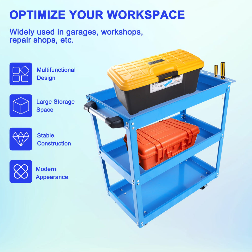 Tool Cart on Wheels, 3 Tier Rolling Mechanic Tool Cart, Heavy Duty Steel Utility Cart w/Lockable Wheels, 450 LBS Capacity Industrial Service Cart for Garage, Warehouse, Workshop (blue)