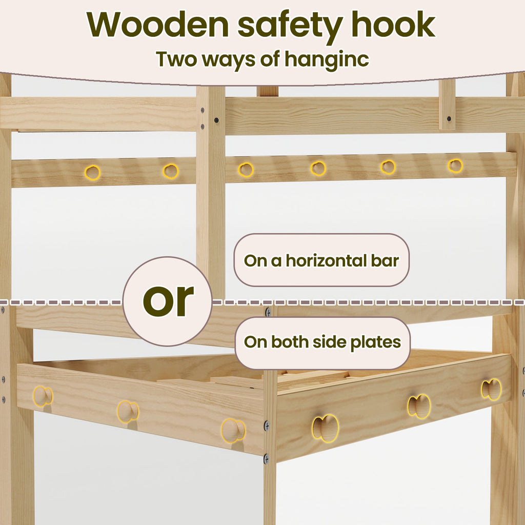 Kids Twin Low Loft Bed - Convertible to Bunk Bed, Solid Wood Modern Bed Frame with LED Strip Lighting, OAK.