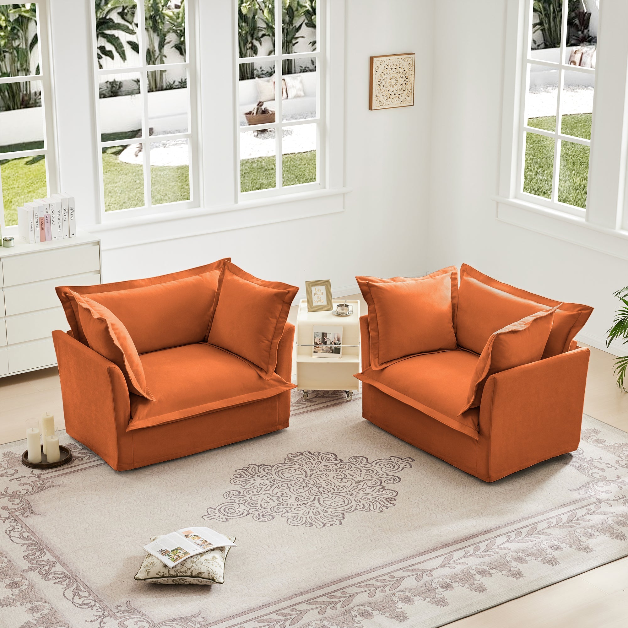 Set of 2 Slipcovered Armchairs,Deep Seat Accent Chair Set for Living Room, Reading Room, Bedroom and Working Spaces,Armchair Sets with Large Soft Pillows,Chenille Fabric,Orange