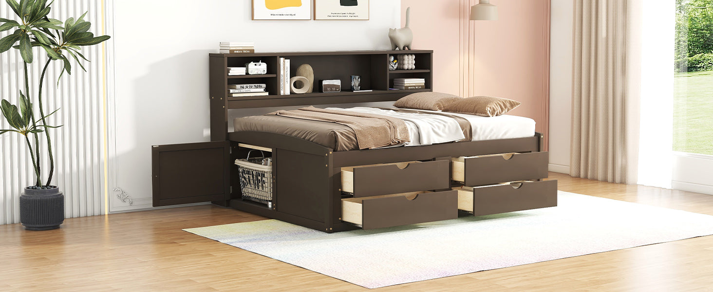 Full Size Wood Daybed with 2 Bedside Cabinets, Upper Shelves and 4 Drawers, Antique Brown