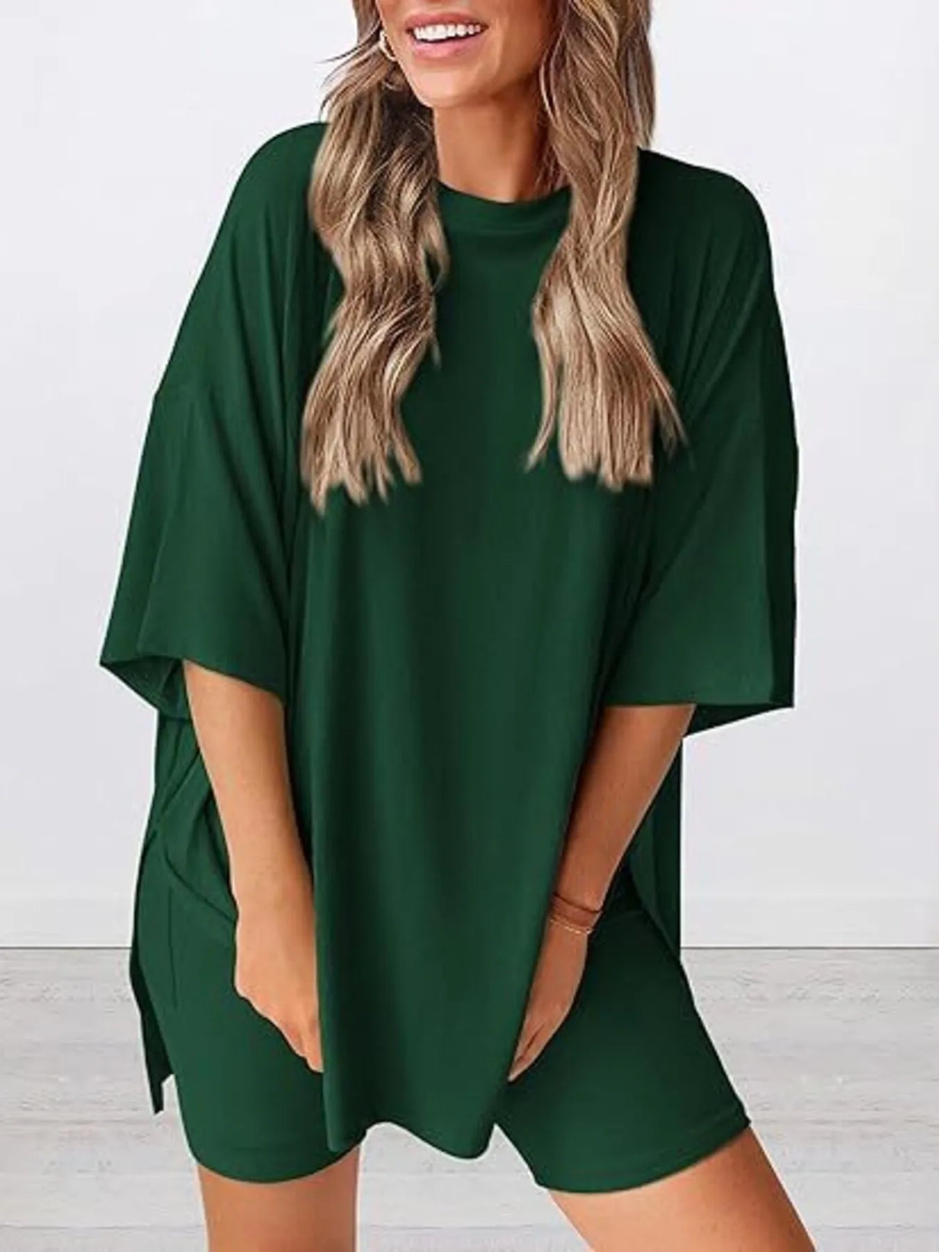 Oversized Slit Round Neck Top and Shorts Lounge Set Plus Size