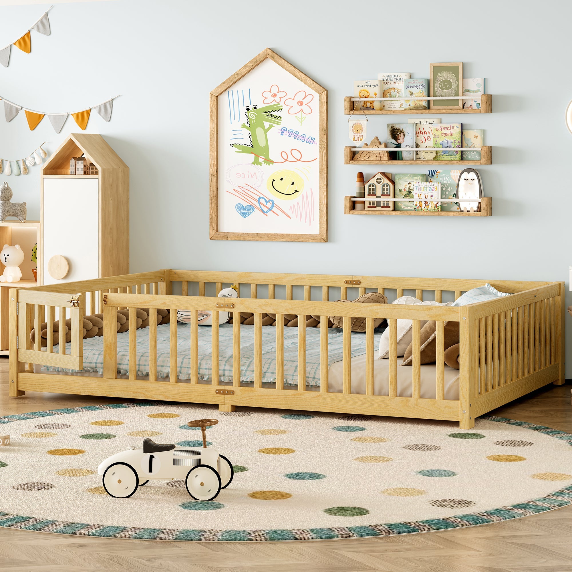 Queen Size Bed Floor Bed with Safety Guardrails and Door for Kids, Natural( Old SKU:W1580P154630)
