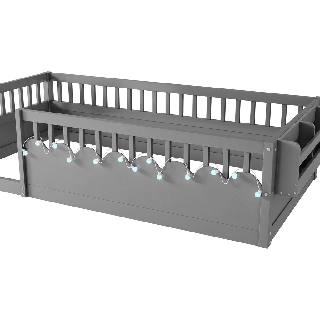 Twin Montessori Floor Bed Frame with High Rails, Wood Kids Floor Beds with Light and Storage Shelf, Gray (Expect Arrival Date 2025/8/15)