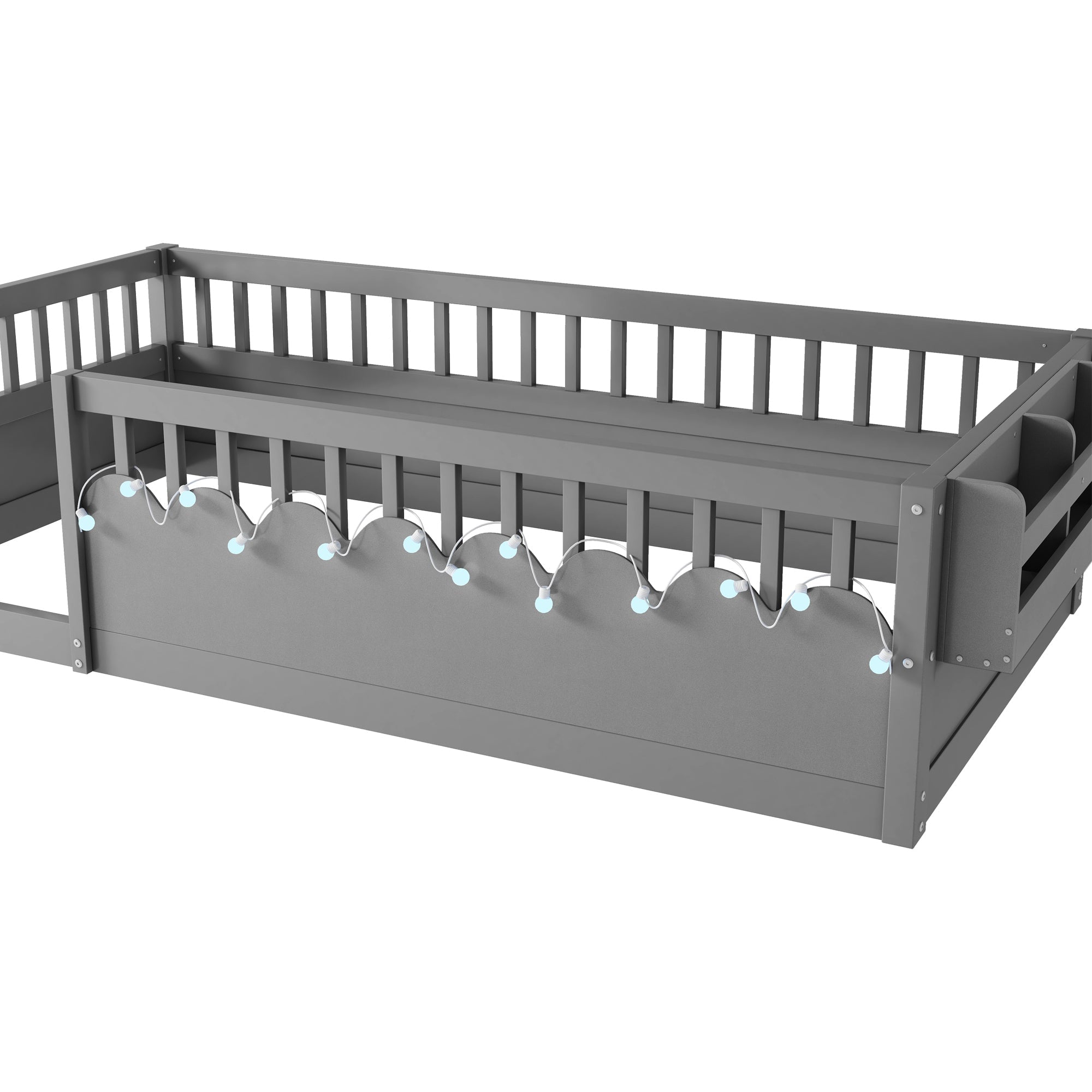 Twin Montessori Floor Bed Frame with High Rails, Wood Kids Floor Beds with Light and Storage Shelf, Gray (Expect Arrival Date 2025/8/15)