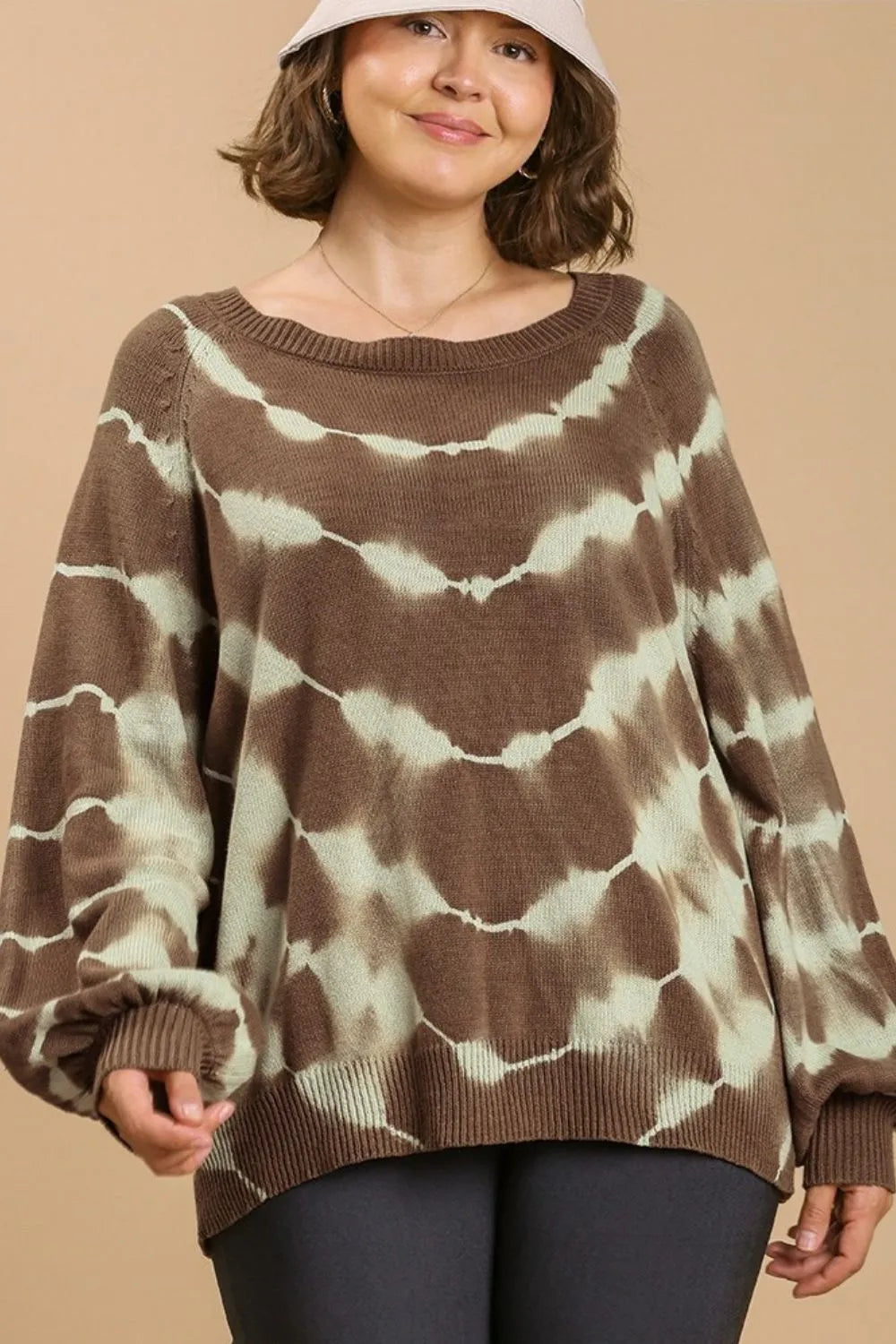 Umgee Full Size Ribbed Hem Tie Dye Round Neck Sweater Plus Size