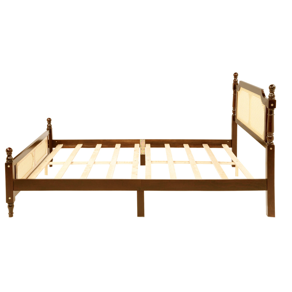 Queen Pine wooden Bed with Rattan Headboard  and Footboard, with  Central Enhanced Bed Platform,Walnut