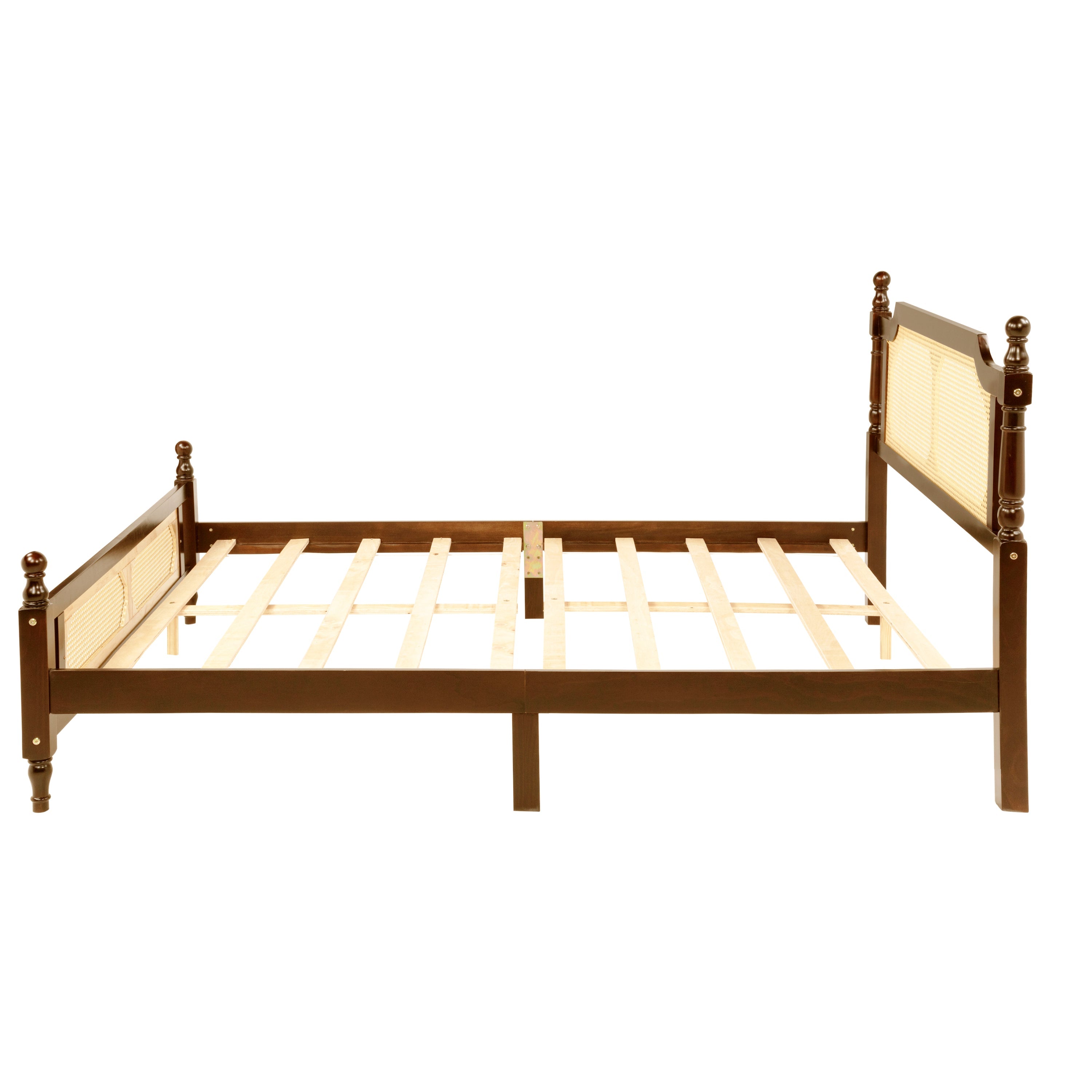 Queen Pine wooden Bed with Rattan Headboard  and Footboard, with  Central Enhanced Bed Platform,Walnut