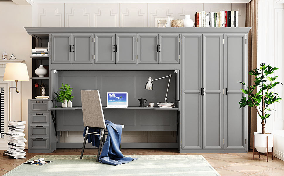 Twin Size Murphy Bed Wall Bed with Wardrobe, Cabinet and Desk, Gray