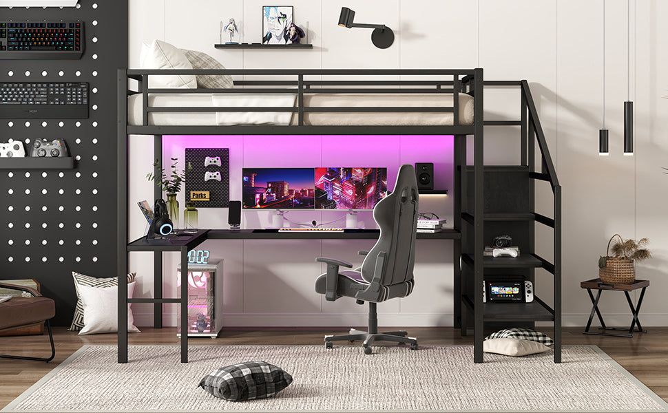 Queen Size Loft Bed with L-shaped Desk and USB, Metal Loft Bed with Wardrobe and Adjustable Shelf, High Loft Bed with LED for Kids Teens Adults, Black