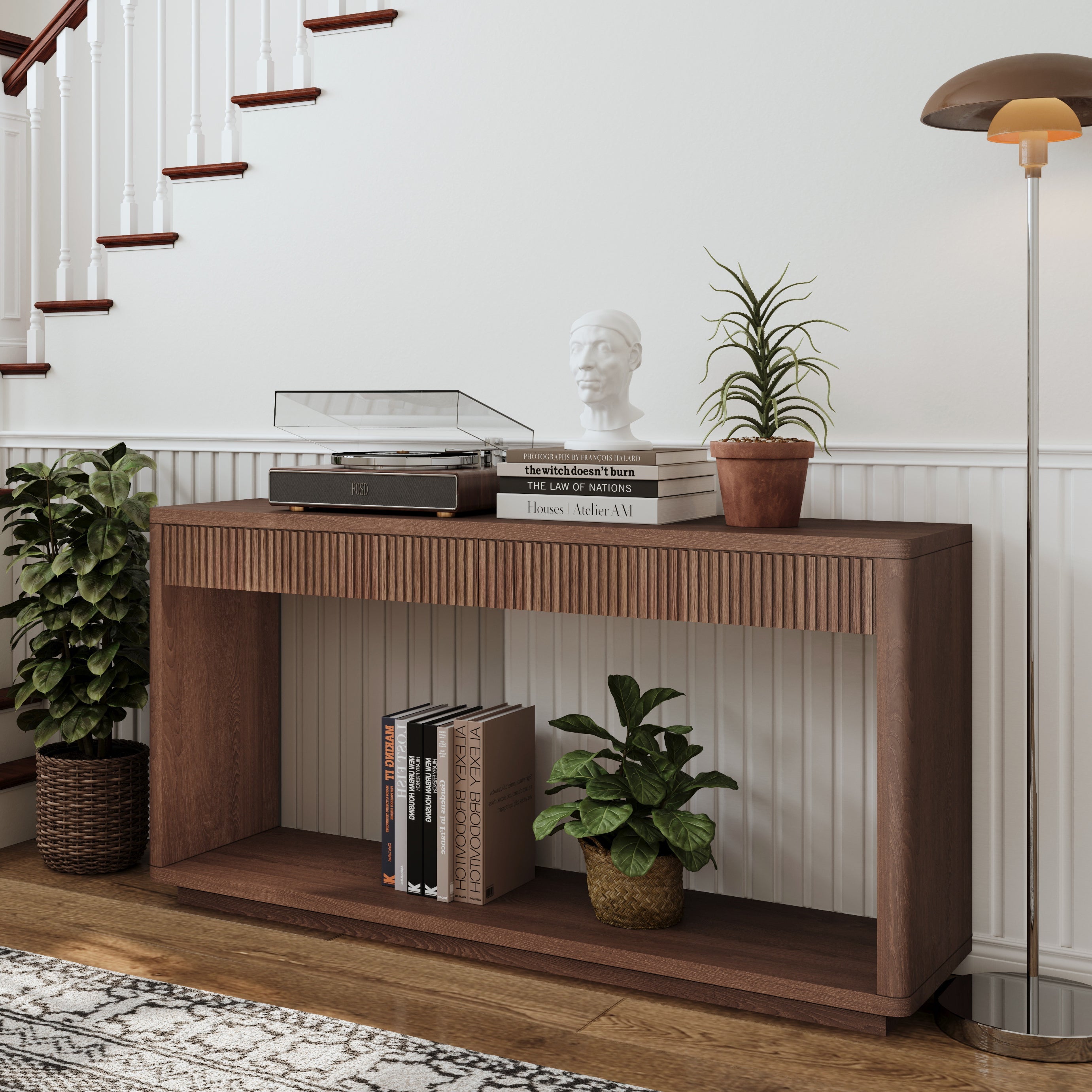 60' Modern 2-Drawer Fluted Console Table Natural Wood Veneer Sofa Table Behind Couch Table for Living Room, Hallway, Entryway, Home Office, Walnut