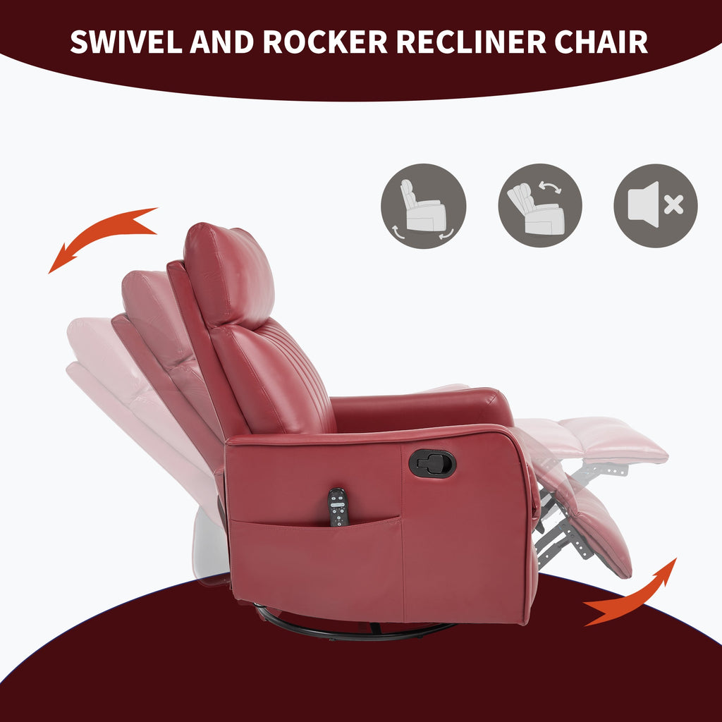 Red Faux Leather Heat Massage Manual Recliner Chair with Rocker and Swivel for Living Room