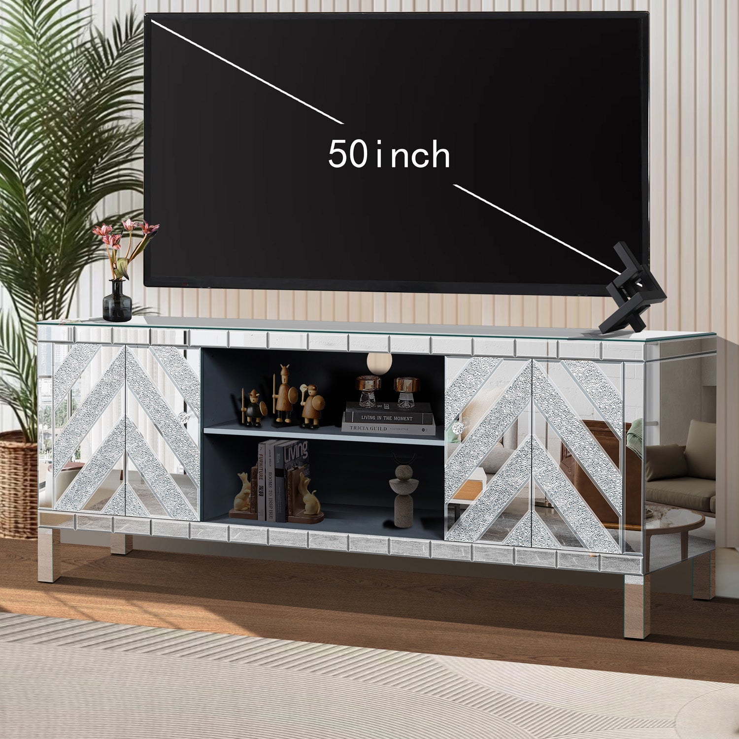 47 Inch Mirror TV Media Console with Diamond Glass Doors, Dual Door Design with Open Storage Space, Compatible with 50-Inch TVs, Modern Decor for Living Room & Bedroom