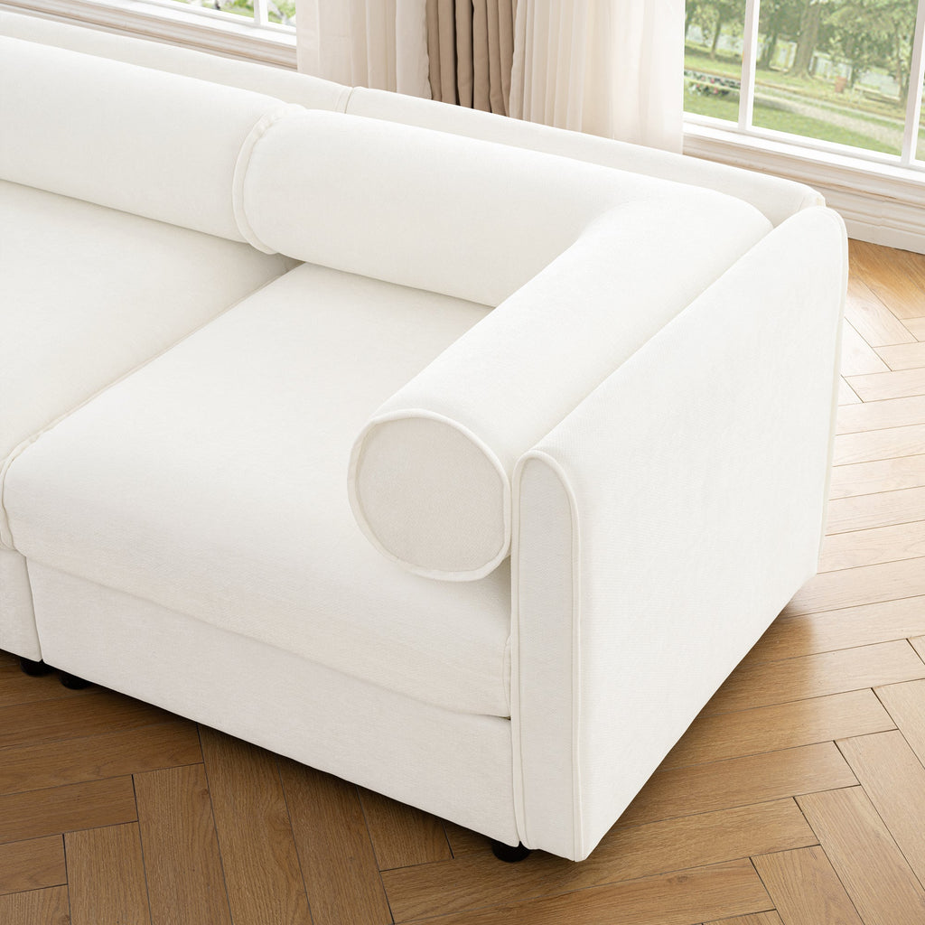 Elegant White Chenille  Sofa with Storage Seat and Ottoman, L-Shaped 3-Seater Cylindrical Backrest and Armrests, Contemporary 3-Seater Fabric Couch with Hidden Storage Compartment
