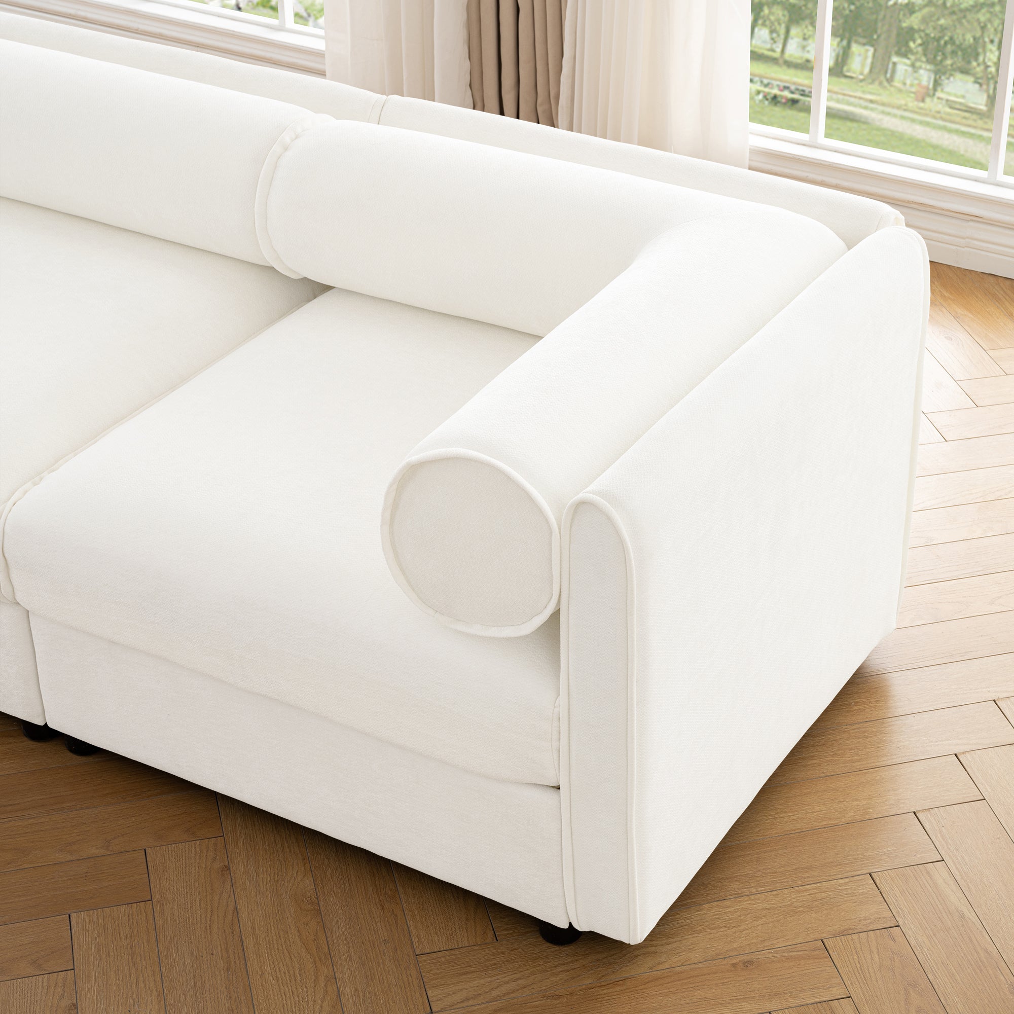 Stylish White Chenille 2-Seater Sofa with 2 Ottoman Storage Seat, Cylindrical Backrest and Armrests, Modern Fabric Loveseat Featuring Hidden Storage Space