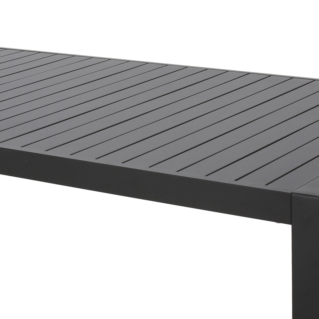 Modern Outdoor Dining Table with Black Aluminum Frame, Slatted Top, and U-Shaped Legs – 70' x 35'