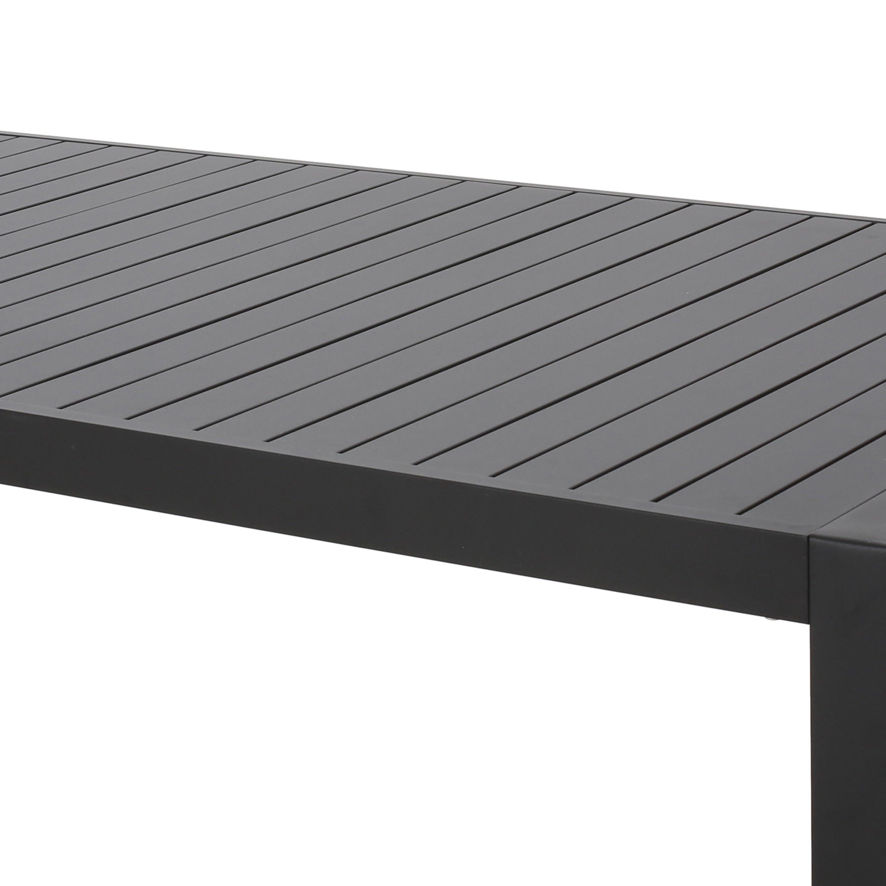 Modern Outdoor Dining Table with Black Aluminum Frame, Slatted Top, and U-Shaped Legs – 70' x 35'