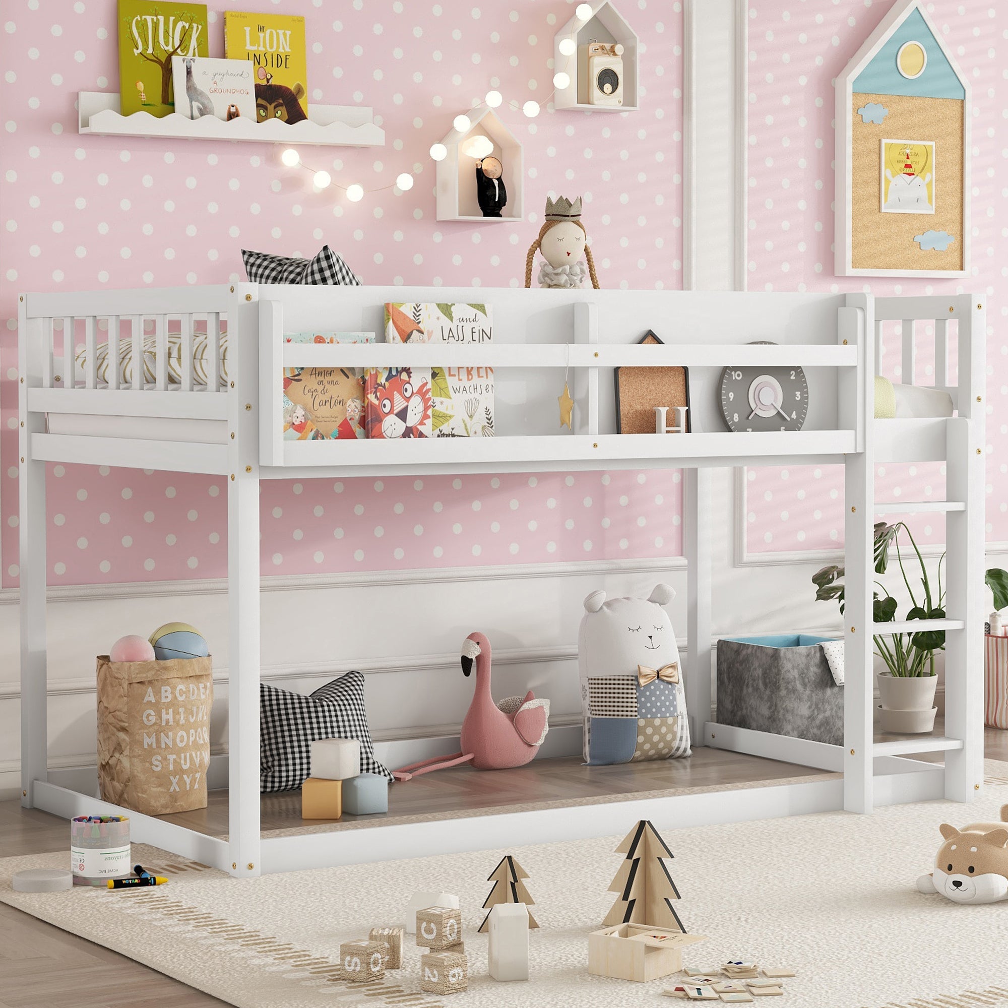 Low Twin Over Twin Bunk Bed, Floor Bunk Bed with Ladder, Solid Wood Twin Bunk Bed for Kids & Juniors, White(Expect Arrival Date 2025/11/25)