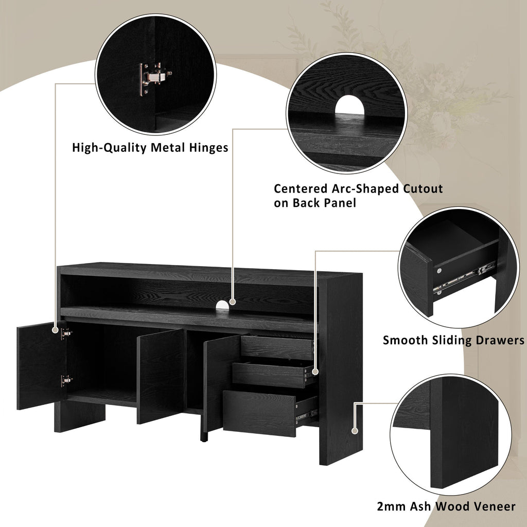U_Style 60' 3-Door Sideboard with 3 Drawers - Modern Solid Ash Veneer MDF Sideboard, Semi-Open Shelf & Center Semi-Circular Cutout in Back Panel, Large Storage Cabinet for Living Room, Hallway, Dining