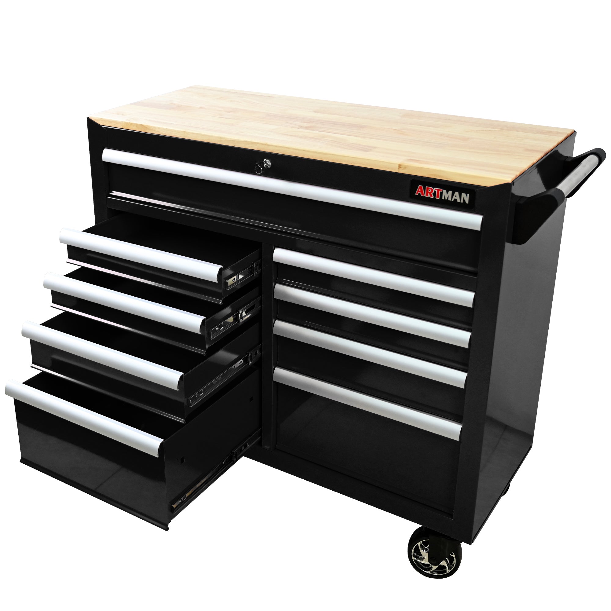 9-Drawer Multifunctional Steel Tool Cart with Wheels and Wooden Top, Black
