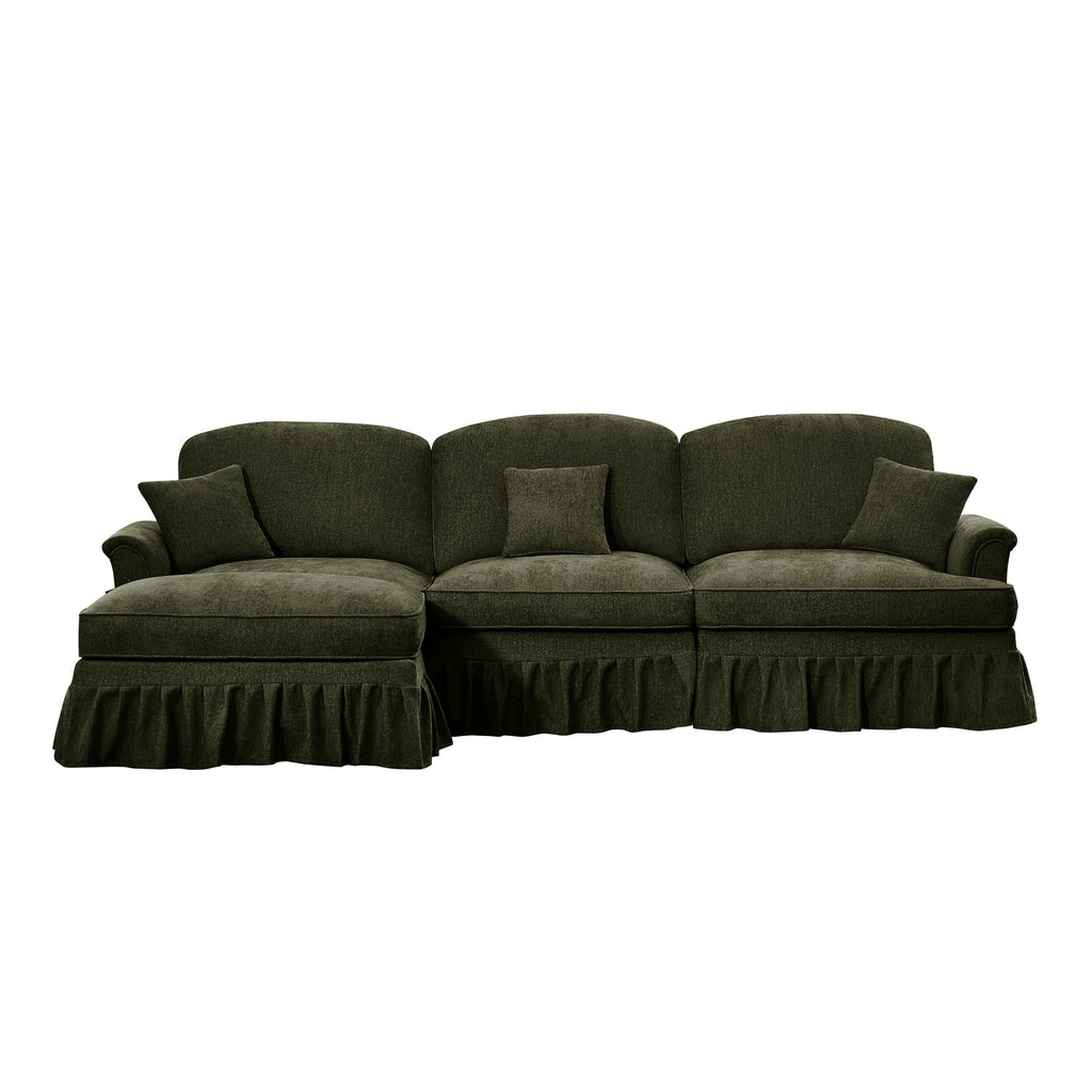 Mid Century Three Seater Modular L Shaped Sectional Couch with Flared Arms and Removable Ruffles Pleats Skirts and Spindle Legs, Comfy Chenille 3-Seat Deep Seat Sofa with Movable Ottoman,Green