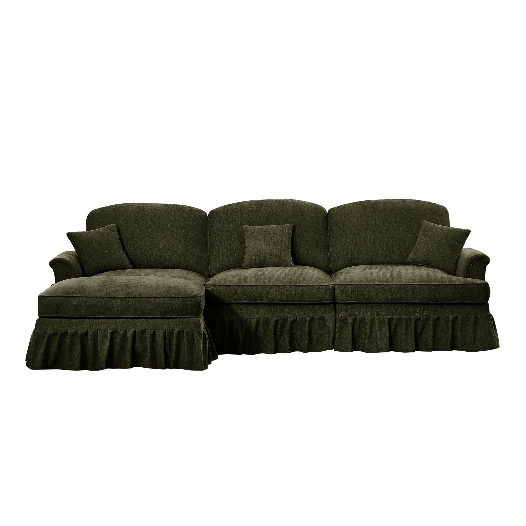 Mid Century Three Seater Modular L Shaped Sectional Couch with Flared Arms and Removable Ruffles Pleats Skirts and Spindle Legs, Comfy Chenille 3-Seat Deep Seat Sofa with Movable Ottoman,Green